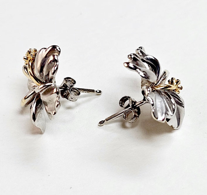 15mm 14k Two Tone Gold Hawaiian Hibiscus Flower Stud Earrings N*H