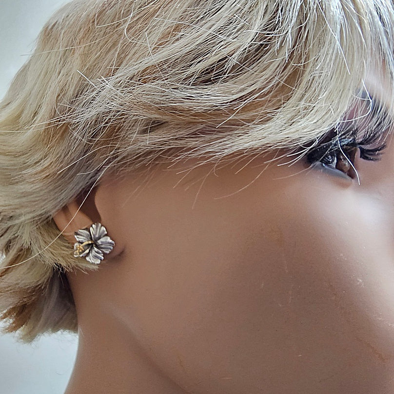 15mm 14k Two Tone Gold Hawaiian Hibiscus Flower Stud Earrings N*H