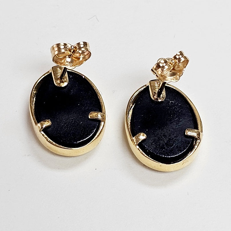 Vintage 14k Yellow Gold Fire Opal Doublet Inlay Mosaic Post Stud Earrings.