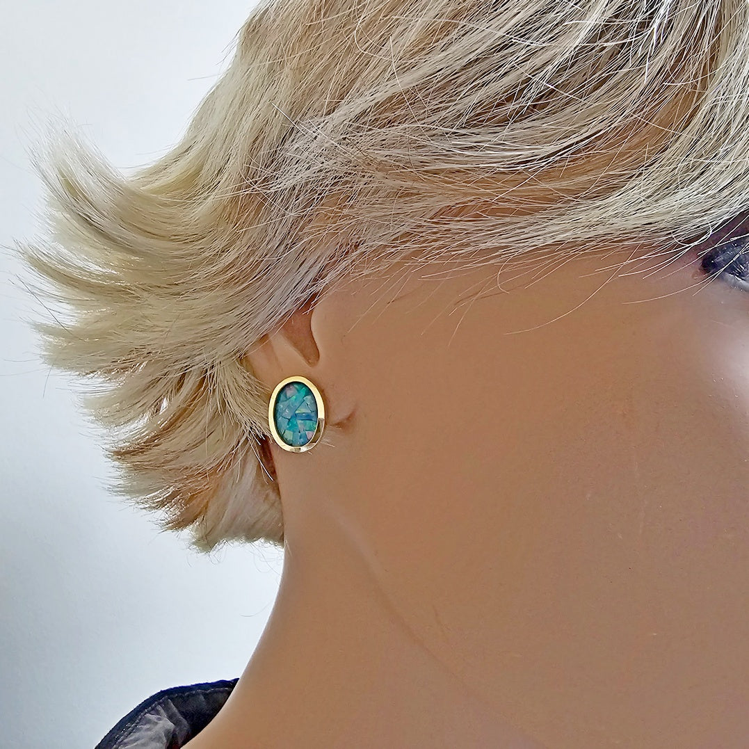 Vintage 14k Yellow Gold Fire Opal Doublet Inlay Mosaic Post Stud Earrings.