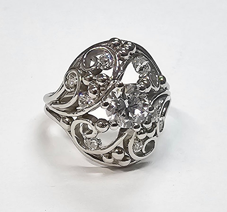Vintage Platinum ~ 1.10ctw .75c Round Diamond Lace Wide Band Ring size 5.5