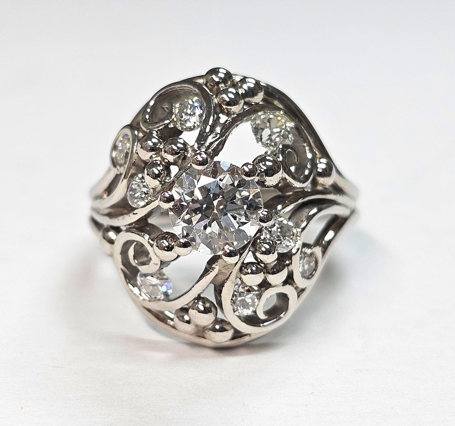 Vintage Platinum ~ 1.10ctw .75c Round Diamond Lace Wide Band Ring size 5.5