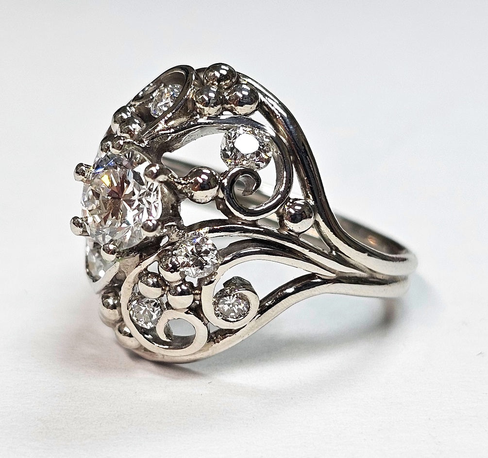 Vintage Platinum ~ 1.10ctw .75c Round Diamond Lace Wide Band Ring size 5.5