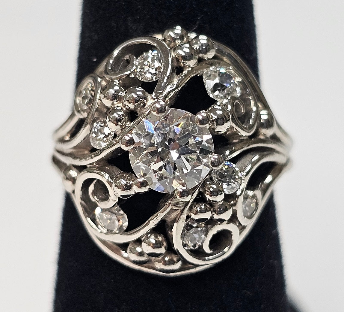 Vintage Platinum ~ 1.10ctw .75c Round Diamond Lace Wide Band Ring size 5.5
