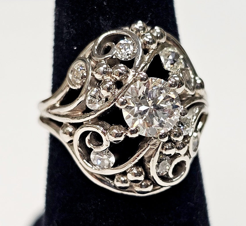 Vintage Platinum ~ 1.10ctw .75c Round Diamond Lace Wide Band Ring size 5.5