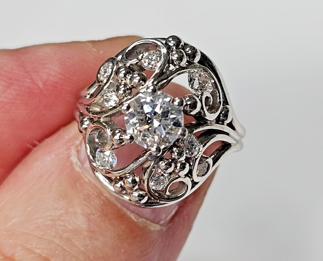 Vintage Platinum ~ 1.10ctw .75c Round Diamond Lace Wide Band Ring size 5.5