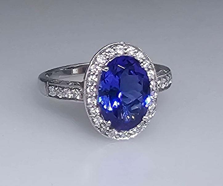 4.00 CT Oval Top Quality Tanzanite & Diamond Halo 14k White Gold Engagement Ring