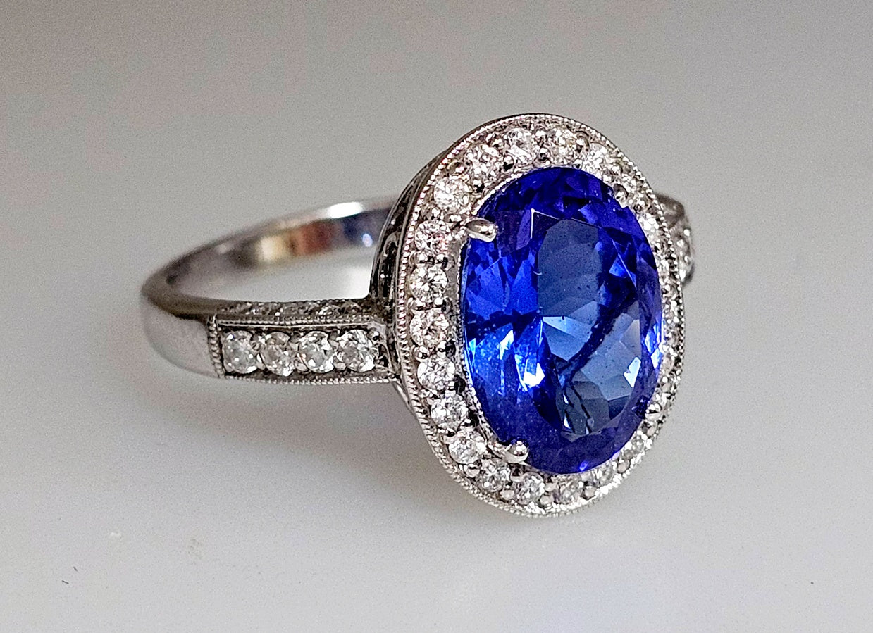 4.00 CT Oval Top Quality Tanzanite & Diamond Halo 14k White Gold Engagement Ring