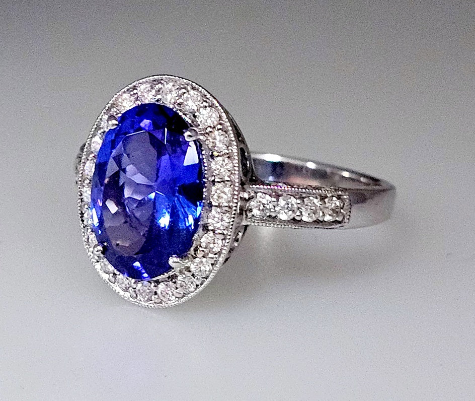 4.00 CT Oval Top Quality Tanzanite & Diamond Halo 14k White Gold Engagement Ring