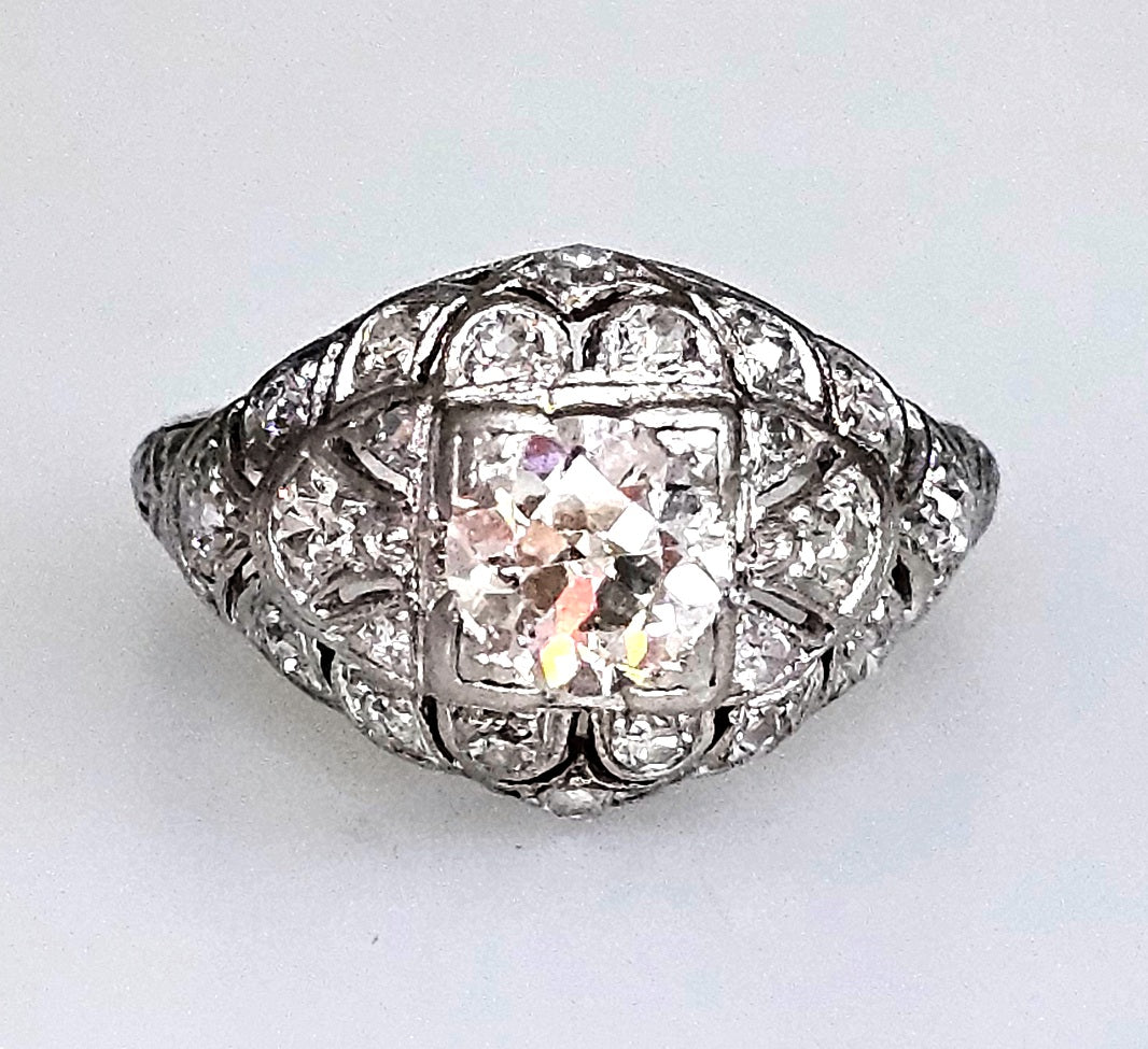 Antique Platinum Diamond Ring – 3/4 Ct Center, 1/2 Ct Accents Art Deco Size 5.25
