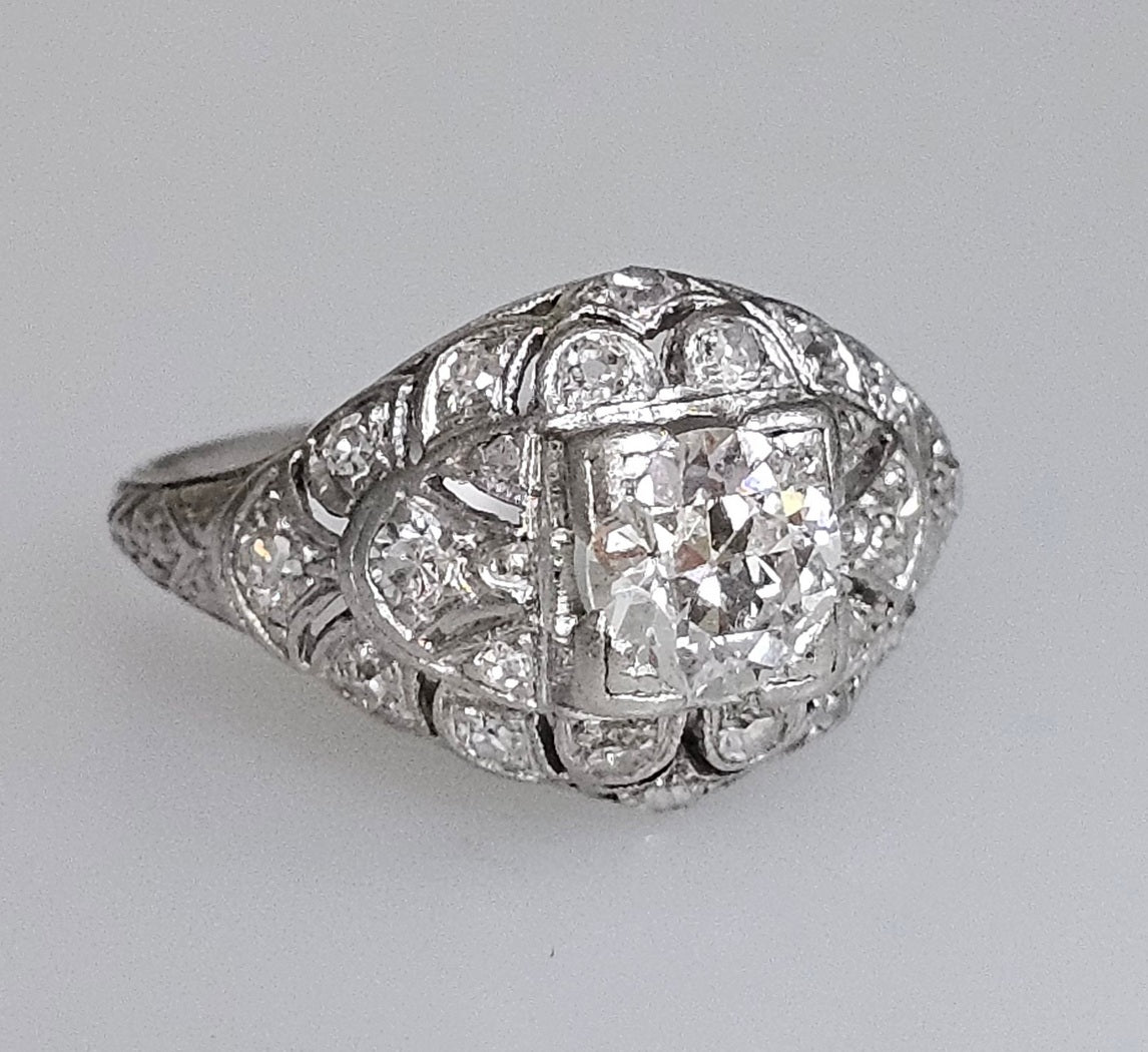 Antique Platinum Diamond Ring – 3/4 Ct Center, 1/2 Ct Accents Art Deco Size 5.25
