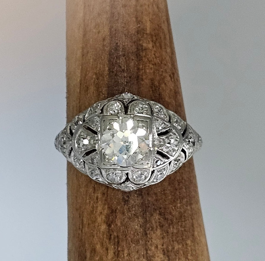 Antique Platinum Diamond Ring – 3/4 Ct Center, 1/2 Ct Accents Art Deco Size 5.25