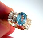 OVAL BLUE ZIRCON and BAGUETTE DIAMONDS RING 2.12 ctw, 14k Yellow Gold, Size 4.75