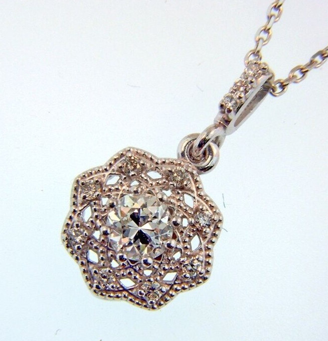 Filigree 14k White Gold Old European Cushion Cut Diamond Pendant Necklace .40ctw