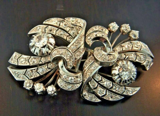 Stunning 1930's Art Deco Platinum Diamond Double Clip Brooch Pin 7.00 ctw