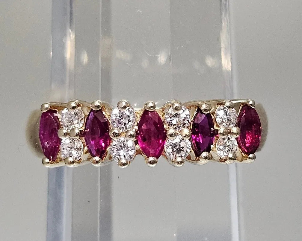 ESTATE DIAMONDS, MARQUISE RED RUBY, 14K YELLOW GOLD WEDDING ANNIVERSARY RING BAND