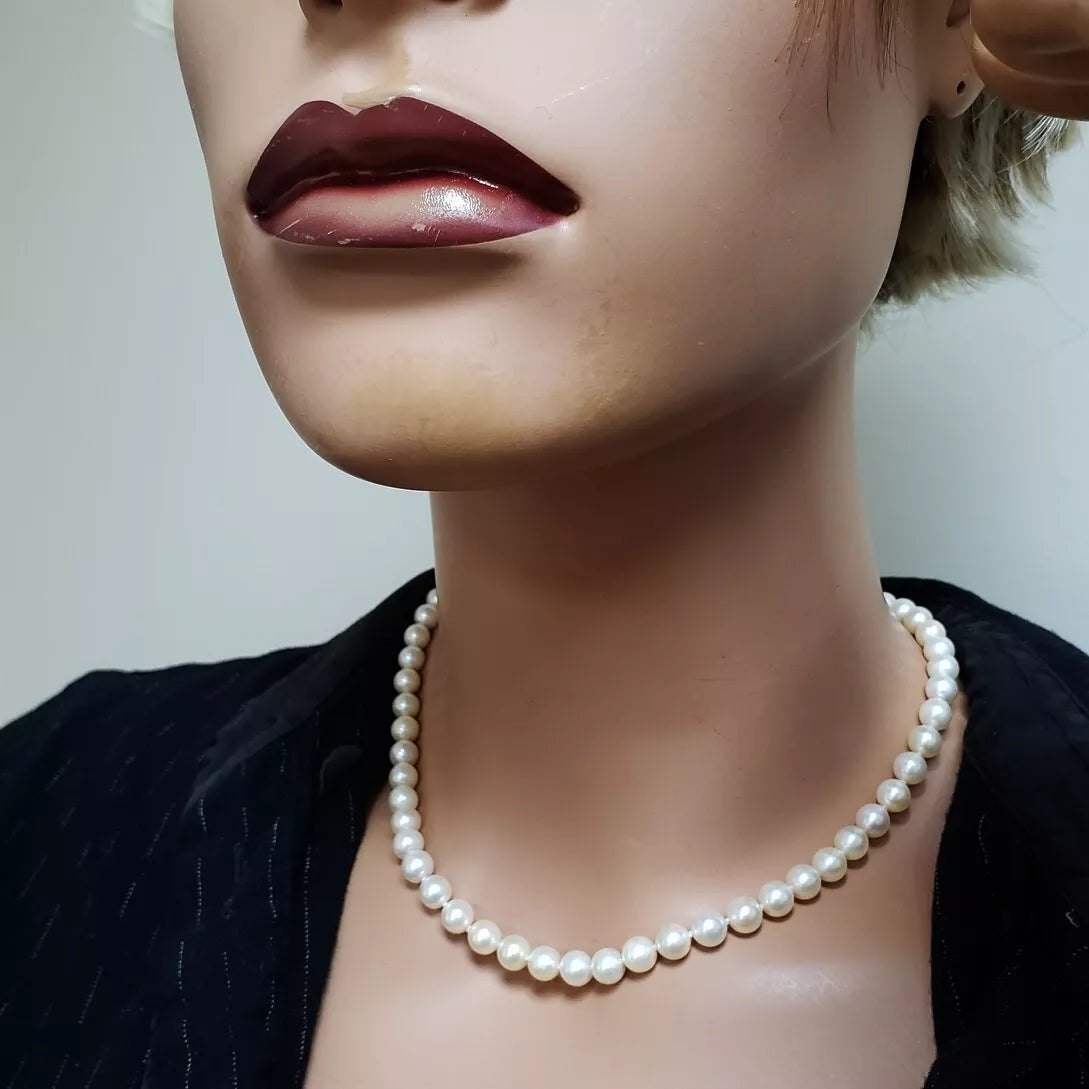 VINTAGE CULTURED 7 mm PEARL NECKLACE W/ 14K SOLID WHITE GOLD CLASP