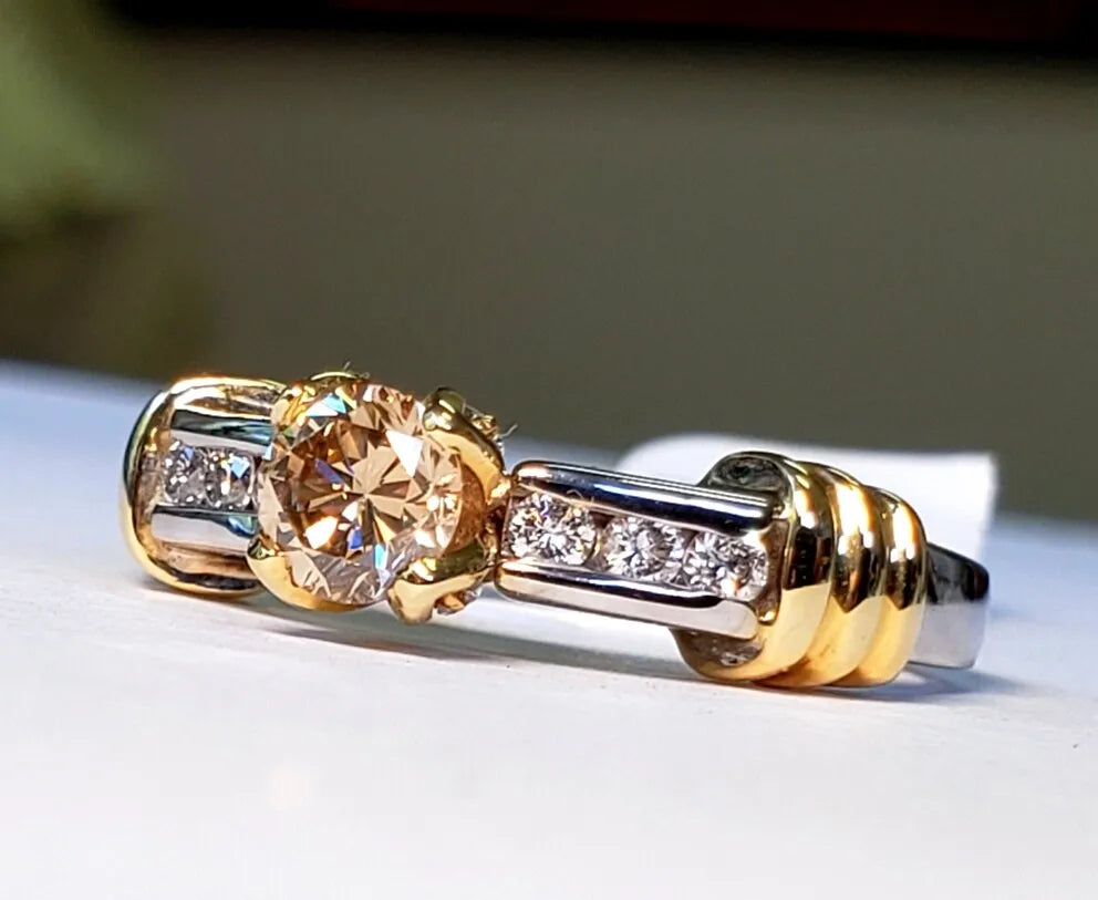 Natural Fancy Champagne Brown Diamond Engagement ring 14K white & yellow 3/4 CTW