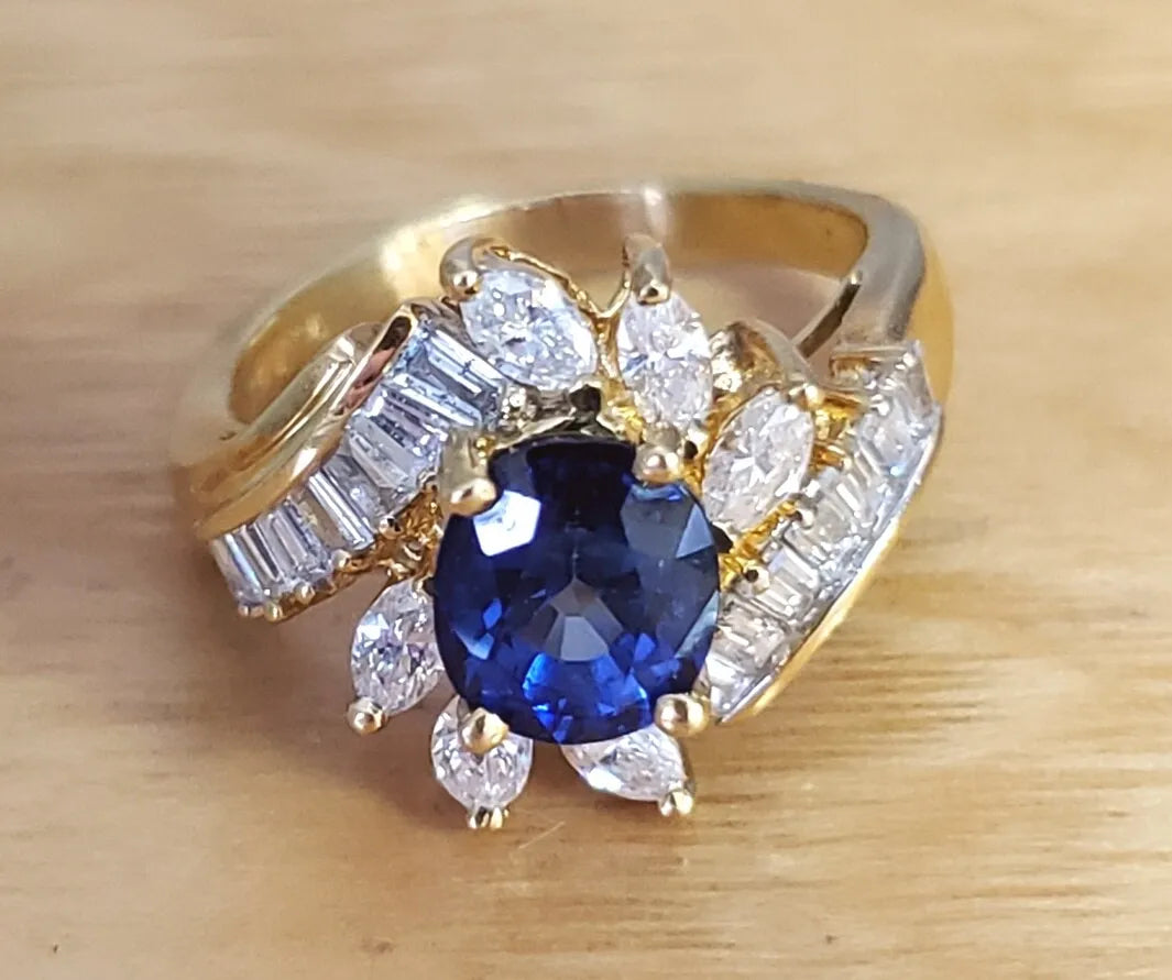 vtg 18k Y GOLD 1.30ct OVAL BLUE SAPPHIRE 1.00ct BAGUETTE & MARQUISE DIAMOND RING
