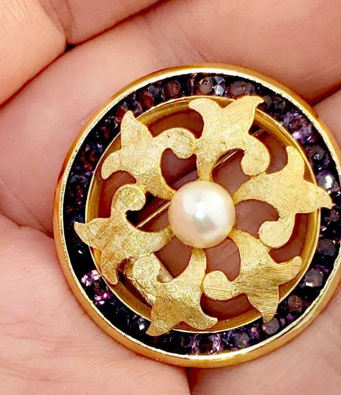 Lucien Piccard Vintage Fleur De Lis Swiss 14K Yellow Gold PEARL AMETHYST Brooch Pin