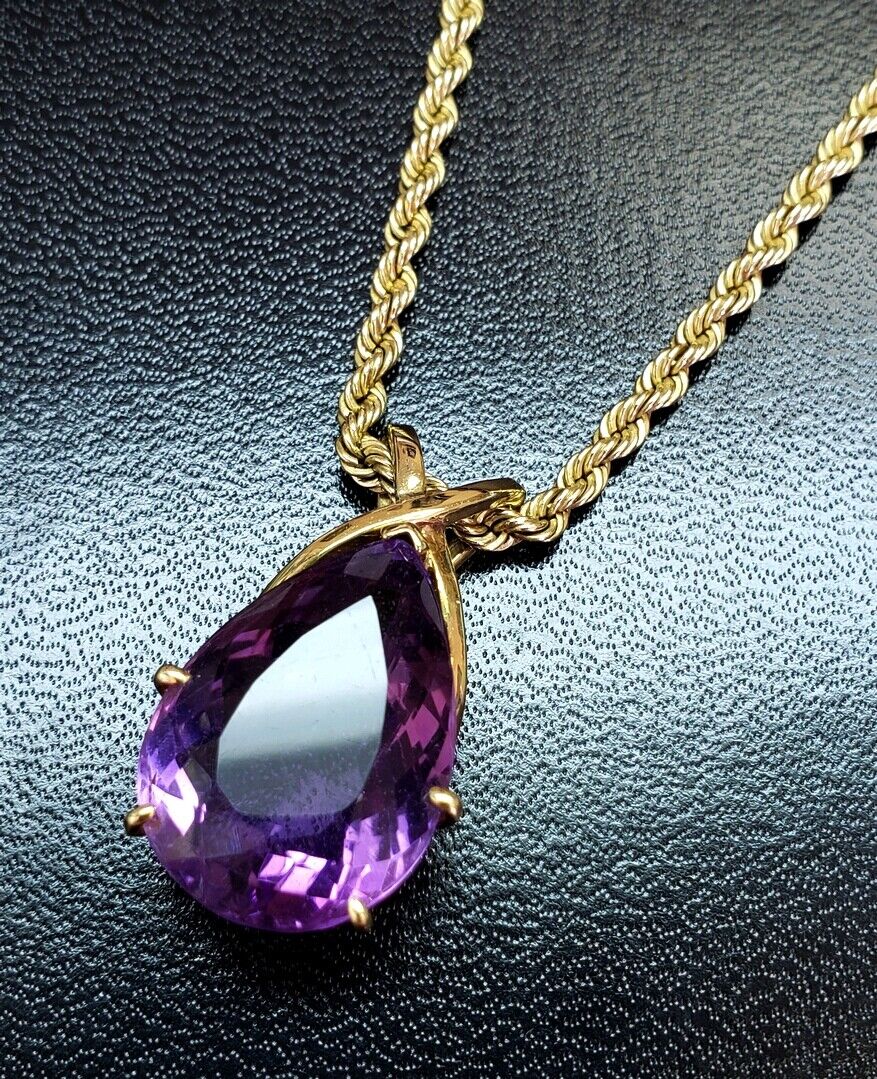 14K Gold Pear Shape 24x16mm 20ct Amethyst Pendant Necklace 20" Rope Chain 25.7g