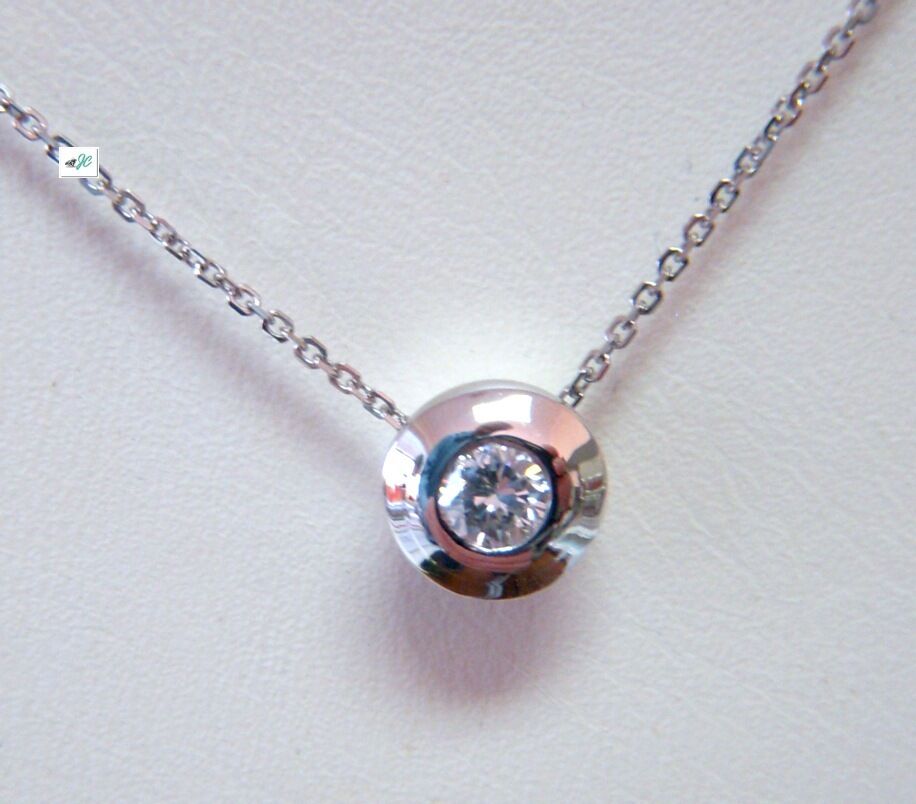 Round Brilliant Cut Diamond Solitaire Pendant Necklace 14K Gold Bezel Set .18ct
