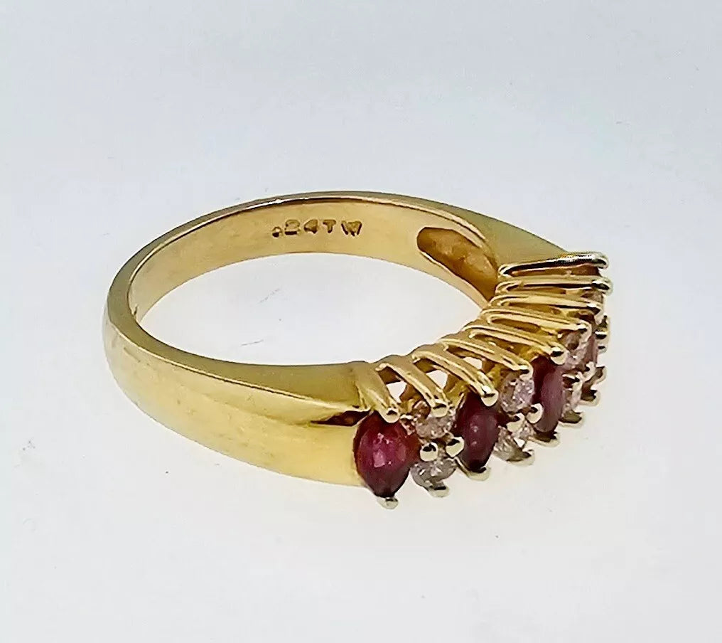 ESTATE DIAMONDS, MARQUISE RED RUBY, 14K YELLOW GOLD WEDDING ANNIVERSARY RING BAND