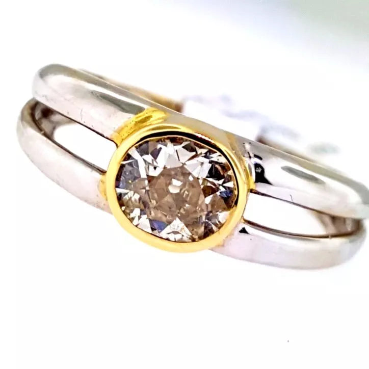 .88ct Cushion Old Mine Champagne Diamond 18k Two Tone Gold Ring Size 7 Bezel Set