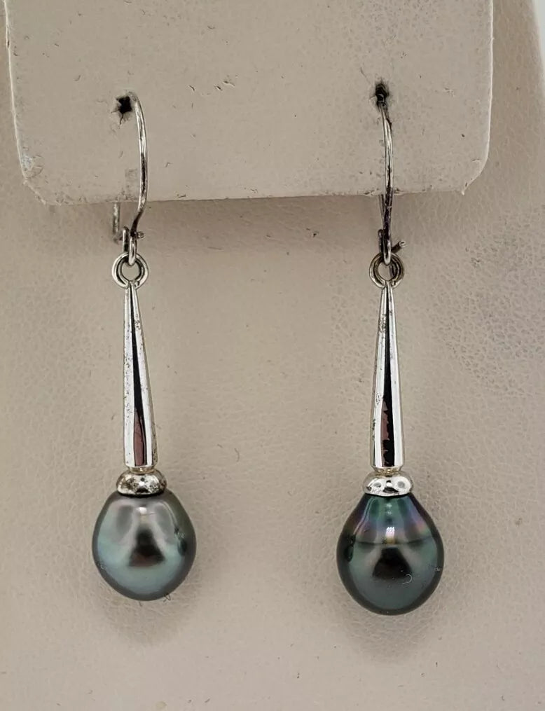 9-10MM Tahitian Black Pearl Rhodium 925 Sterling Silver Dangle Earrings