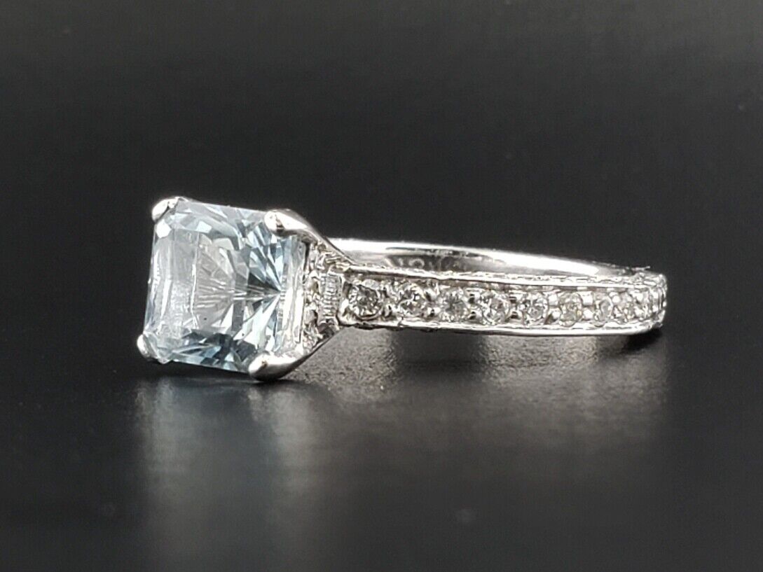 18k White Gold Princess Cut Aquamarine Diamond Ring Cocktail Engagement Natural