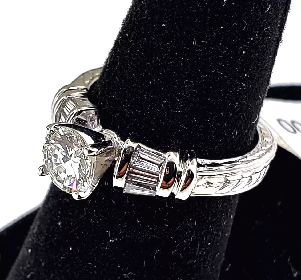Vintage .70ct Round Brilliant Cut Diamond Baguette Engagement Ring 1ctw 14k WG
