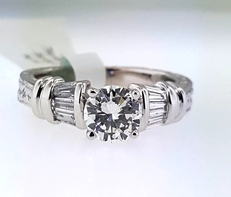 Vintage .70ct Round Brilliant Cut Diamond Baguette Engagement Ring 1ctw 14k WG