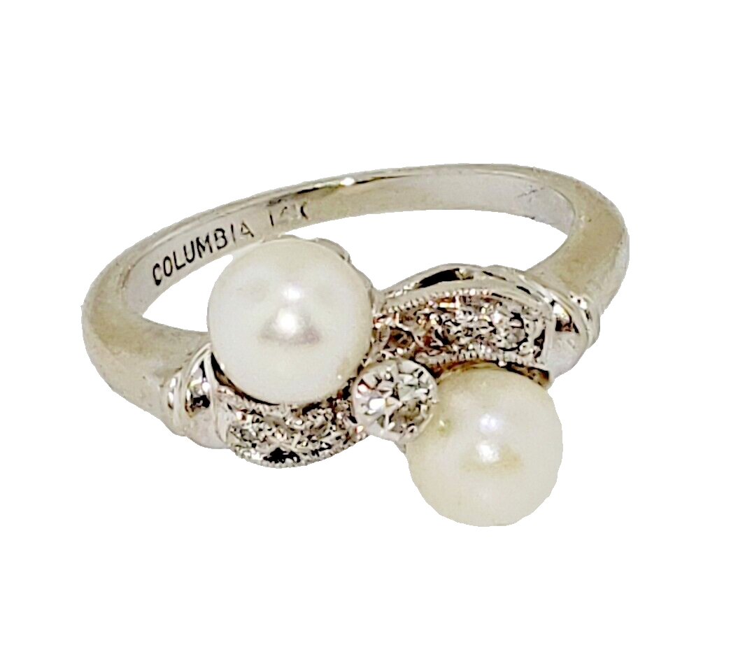 Estate Diamond Dual Pearl Moi et Toi Bypass Ring 14k White Gold Size 5.75
