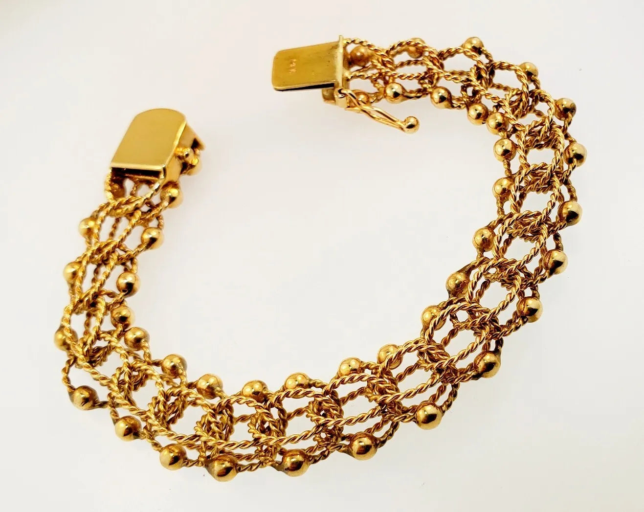 Yellow Gold 19.8g Solid Vintage 1/2" Triple Circle + Beads Charm Bracelet 6.5"
