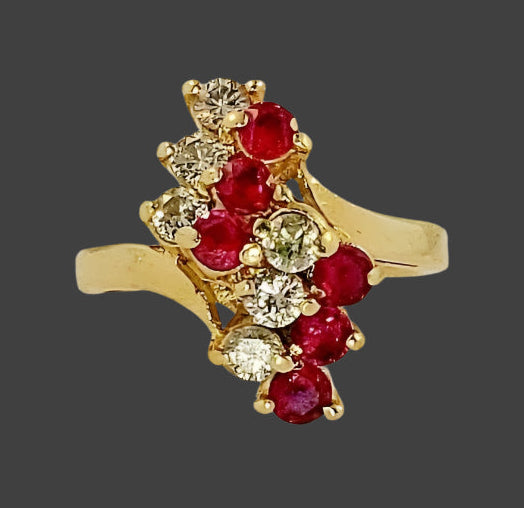 VINTAGE 14K YELLOW GOLD RUBY AND DIAMONDS CLUSTER WATERFALL COCKTAIL RING