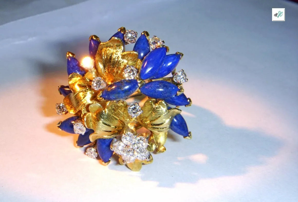Hand Made Vintage Floral Lapis Lazuli Diamond Large Flower Ring 14k Y Gold Size 5