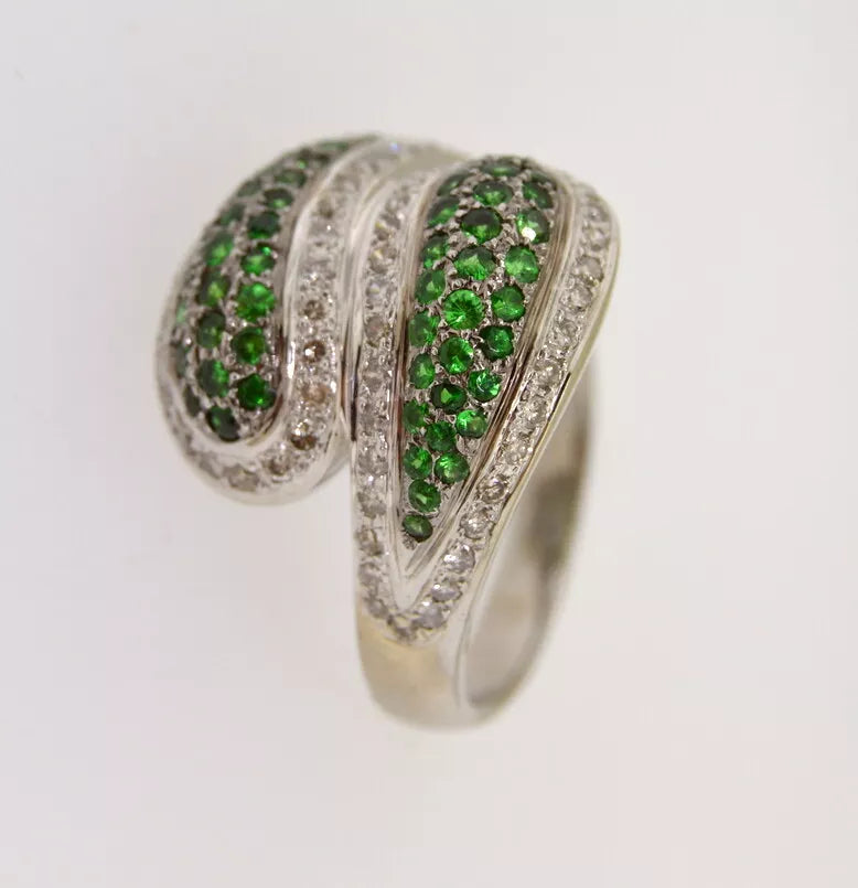 14 KT W GOLD GREEN TSAVORITE GARNETS & DIAMONDS YIN YANG BYPASS RING