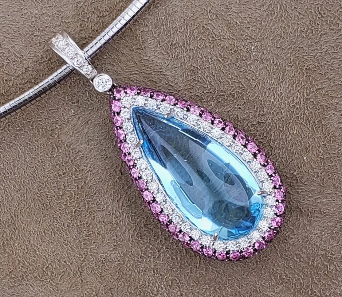 LUXURIOUS-BLUE TOPAZ-PINK-SAPPHIRE-DIAMOND-PENDANT-NECKLACE-18k W/G-10k OMEGA