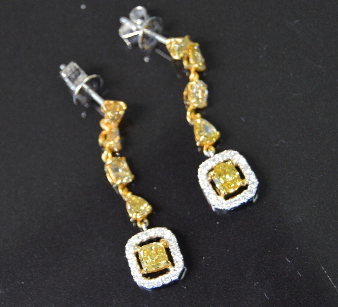 Dangle Earrings 3.37ctw Halo Yellow Cushion Pear Oval and Round Diamond 18k Gold