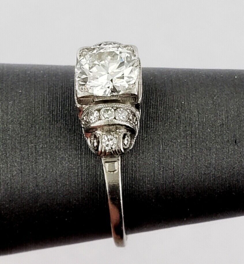 Vintage Antique Art Deco VS .70ct Center European Cut Diamond Platinum Ring Sz 6