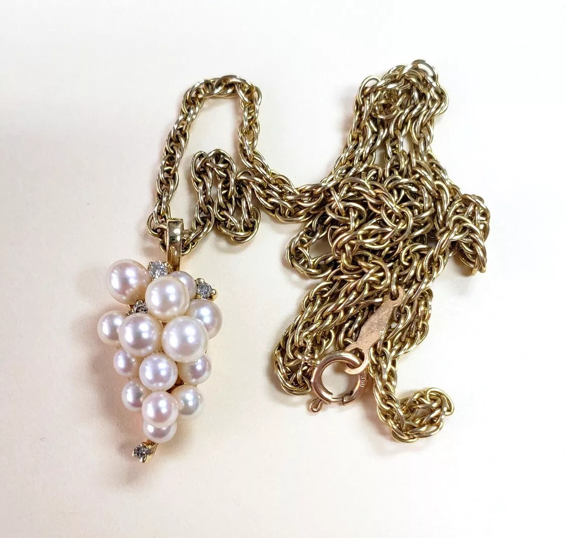 14K Yellow Gold Pearl and Diamond Enhancer Pendant Necklace + Chain