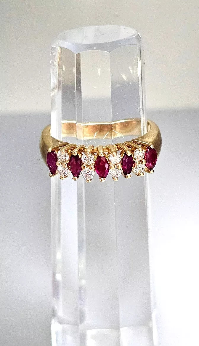 ESTATE DIAMONDS, MARQUISE RED RUBY, 14K YELLOW GOLD WEDDING ANNIVERSARY RING BAND