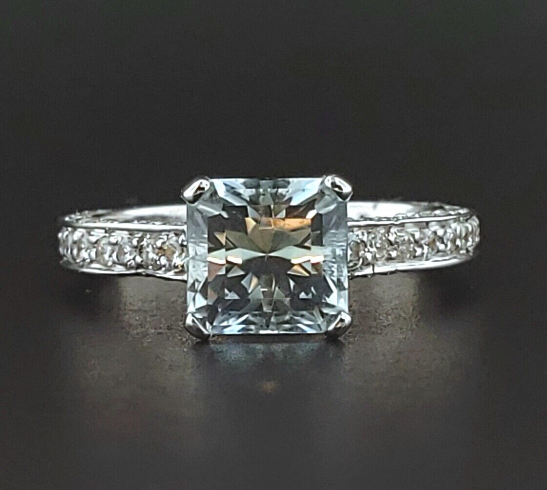 18k White Gold Princess Cut Aquamarine Diamond Ring Cocktail Engagement Natural