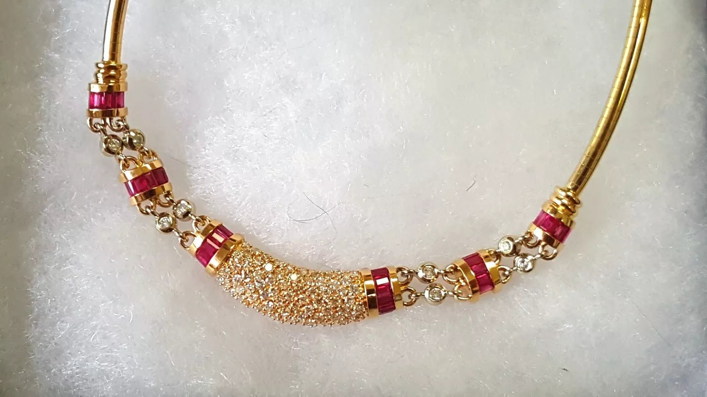 Vintage 14K Yellow Gold with 5.00ctw Diamond & Ruby Omega Necklace Italy Choker