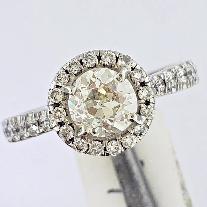14k White Gold .91ct OLD EUROPEAN Mine Diamond Halo Engagement Ring 1.41ctw 6.5
