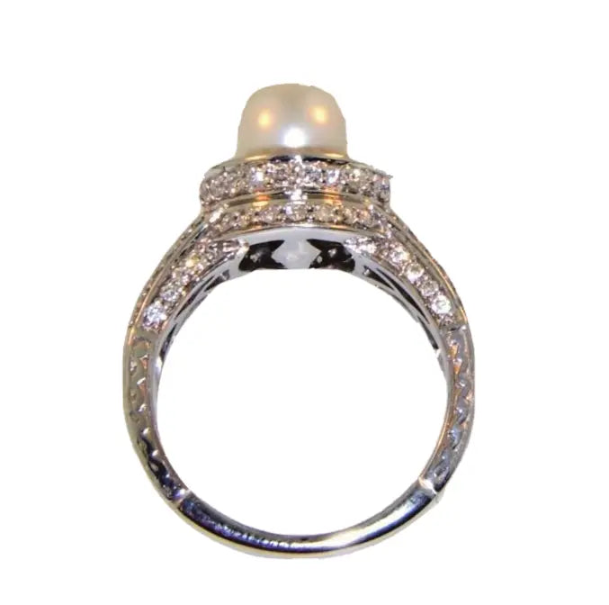 Estate Diamond Halo and Fine Huge 9.0 mm Pearl Ring 14k White Gold 1.25 ctw