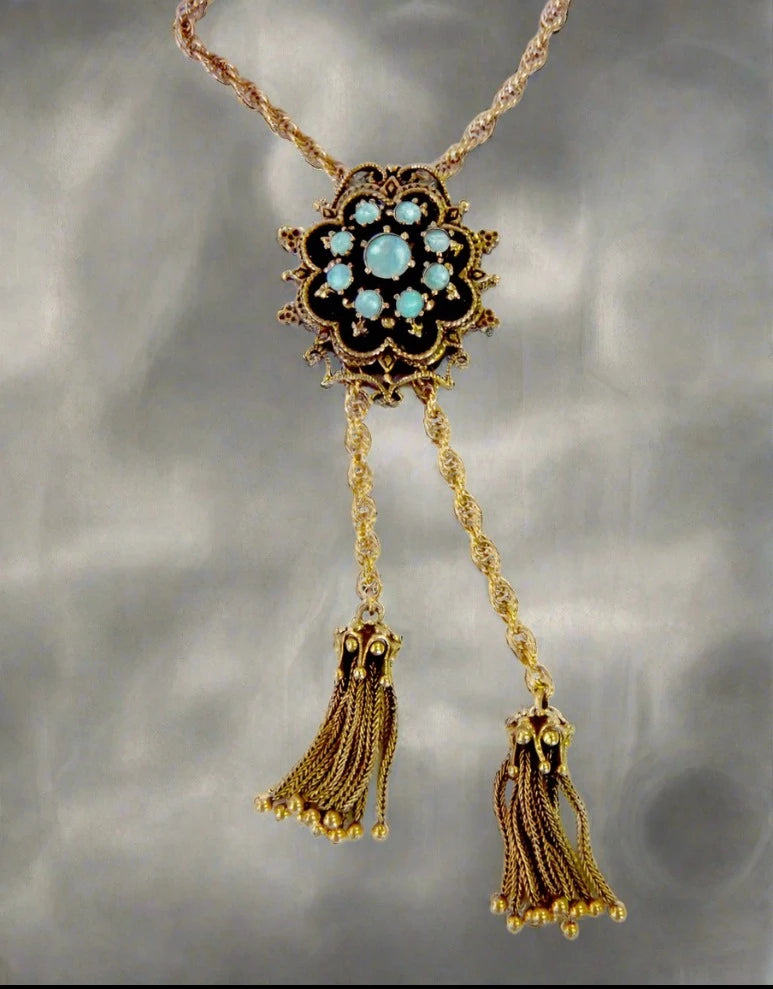 Antique Victorian 14k Y Gold Opal and Black Enamel 28" Tassel Slide Necklace