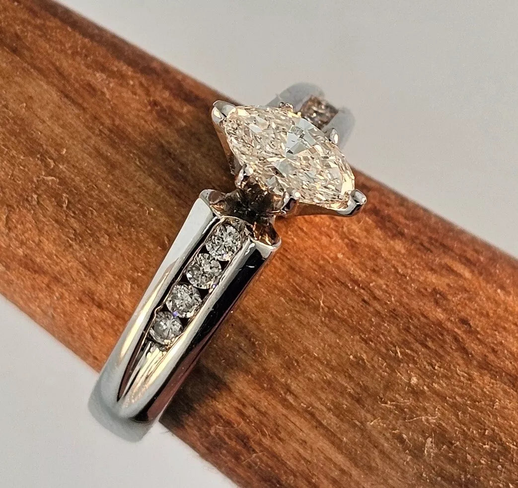 18k White Gold Marquise 1/2 CTTW Diamond & Round Accent Engagement Ring