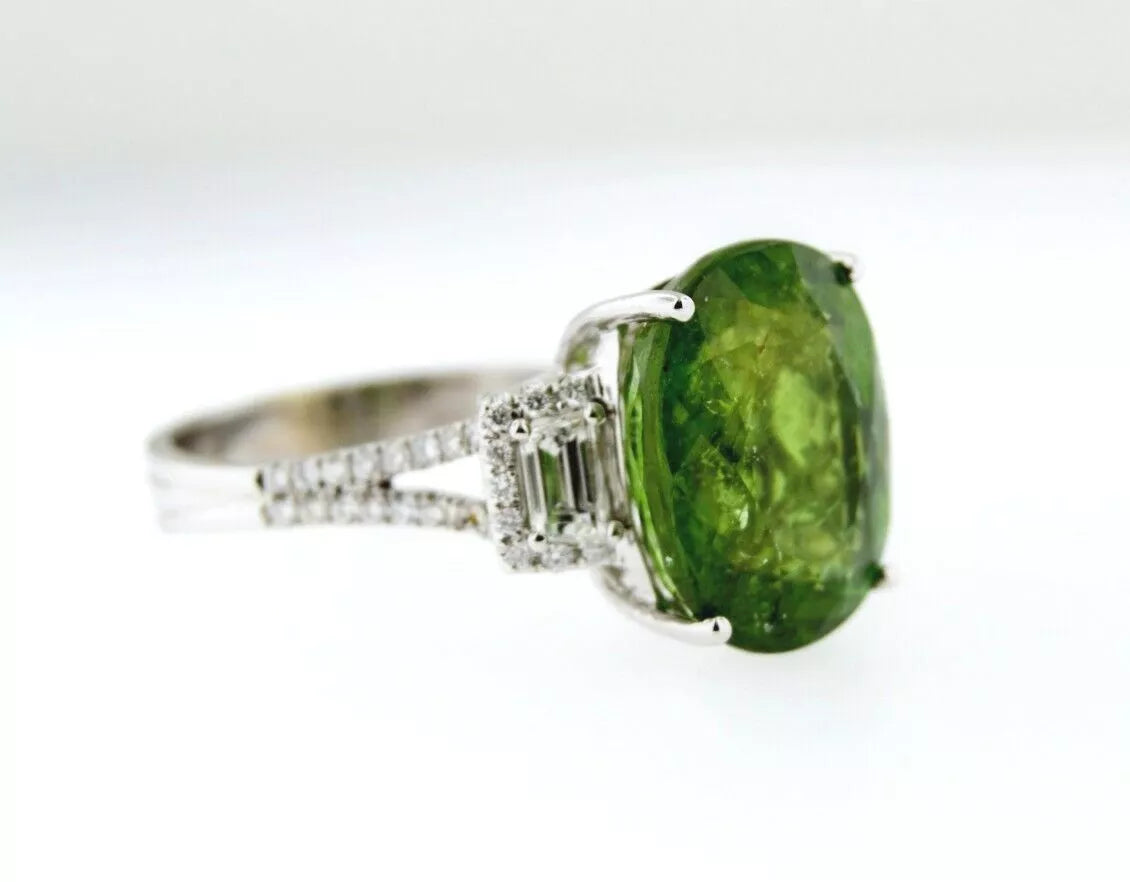 18k White Gold ~10ct Oval VIVID GREEN TOURMALINE Round + Trapezoid Diamond Ring