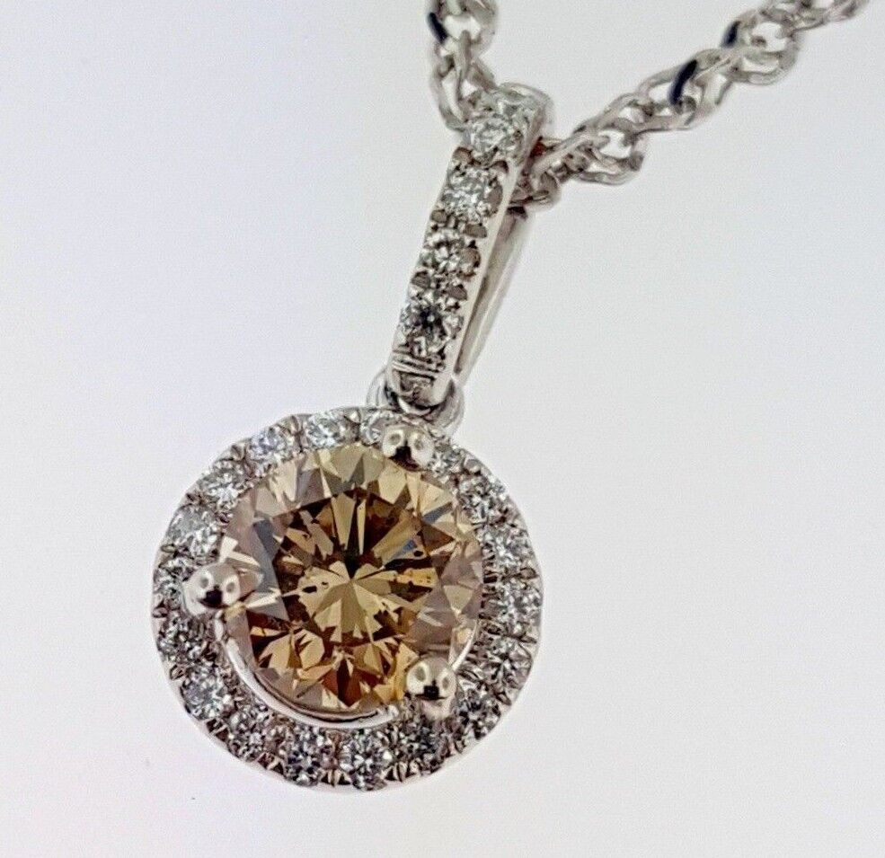 Champagne Cognac Brown Diamond Pendant Necklace Halo 14k White Gold .59 ctw